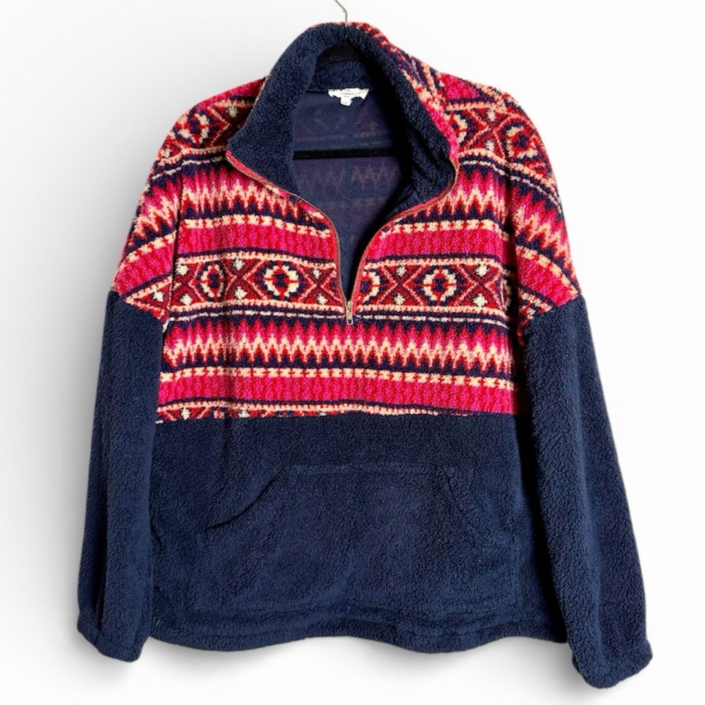 entro Fleece Pullover Fair Isle Magenta Fuchsia Navy Blue size Medium